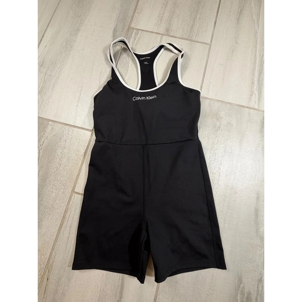 Calvin Klein Womens Black White Racerback Athletic Romper Bodysuit Small